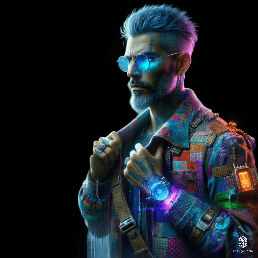A tan-skinned male artificer, with long greying hair accented by blue strokes, wears a stylish jacket adorned with chaotic floral patches. His intellectual gaze behind light blue oval glasses hints at wisdom. As a magical courier, he weaves through realms with intricate gadgets, a tome, and a satchel of enchanted messages.