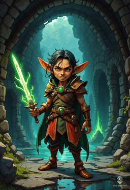 Bittles is a nimble goblin rogue with a stealthy presence and a small, agile build. Sporting intricately detailed leather armor and a green-gemmed dagger clutched tightly in hand, this clever urchin moves silently through the shadows, ready for mischief and adventure.