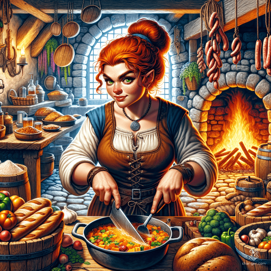 Julianna Cask, a stout and nimble dwarven bard, thrives in her vibrant kitchen. With auburn hair swept into a bun and a dagger at her side, she skillfully crafts grand feasts. Her charming green eyes sparkle with joy as the aroma of hearty dishes fills the air, embodying dwarven pride and culinary mastery.