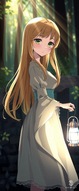 A 4K anime-style digital drawing captures a Slavic folklore-themed female character with radiant golden hair and bright green eyes. She stands in shadowy woods, holding a shining lantern, her light-colored dress glowing in the dark. The blurred background enhances the three-dimensional effect, her radiant skin and unguarded expression bringing her to life in full HD, HDR perfection.