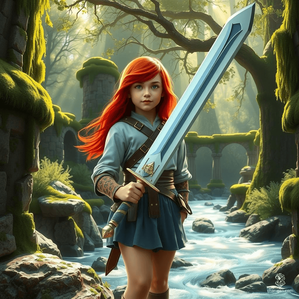 In a vibrant, hyperrealistic landscape, a young girl with flowing red hair stands resolute, clutching a massive, gleaming sword. Sunlight filters through emerald foliage, casting ethereal glows upon ancient ruins that whisper secrets of forgotten realms.