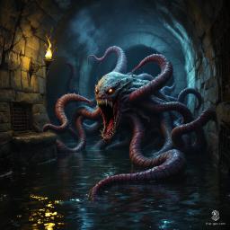In the depths of a flooded sewer, the Hunger-Spawn lurks—an abominable creature of writhing tendrils and gnashing maws, its grotesque form pulsating with sickly hues. A deformed structure is trapped within, frozen in agony. It slithers through murky waters, leaving behind a trail of black sludge.