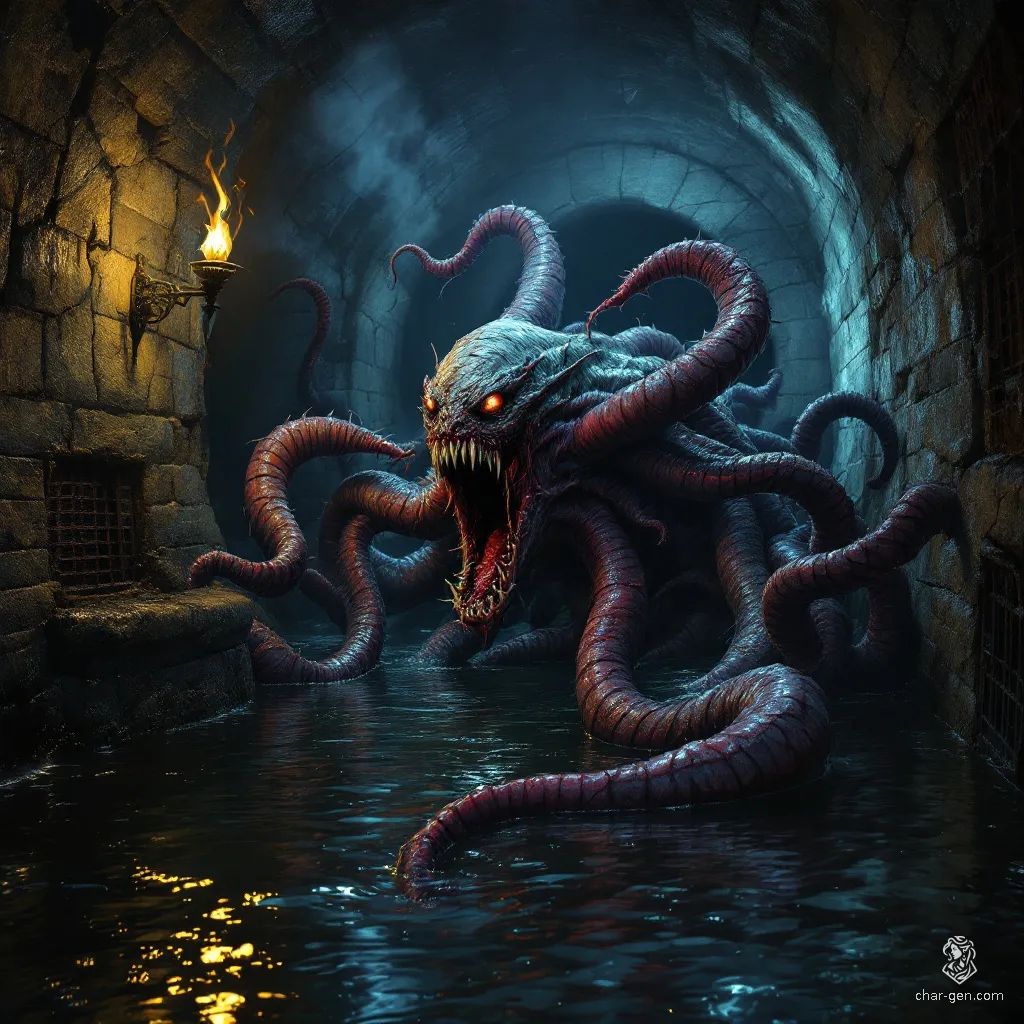 In the depths of a flooded sewer, the Hunger-Spawn lurks—an abominable creature of writhing tendrils and gnashing maws, its grotesque form pulsating with sickly hues. A deformed structure is trapped within, frozen in agony. It slithers through murky waters, leaving behind a trail of black sludge.
