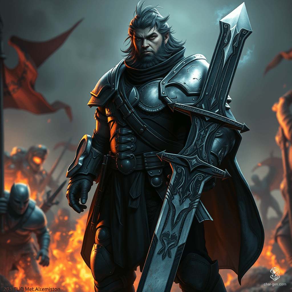 Sig Curtis is a towering warrior, standing at 2 meters with a robust frame. Clad in battle-worn half armor, he wields a stunning great sword adorned with glowing inlays. With a gloomy yet determined expression, he emanates a shadowy aura, ready to face the chaos of battle behind him.