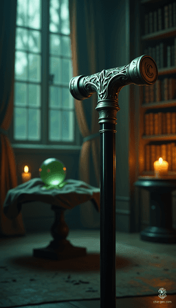 The Cane of Celestial Whispers is a mesmerizing 32-inch staff, expertly hewn from polished ebony. Its ornate silver handle, engraved with a distinctive “C,” channels ethereal energies, allowing the wielder to communicate with spirits and unveil secrets of the beyond. Magic flows through its core, guiding lost souls home.