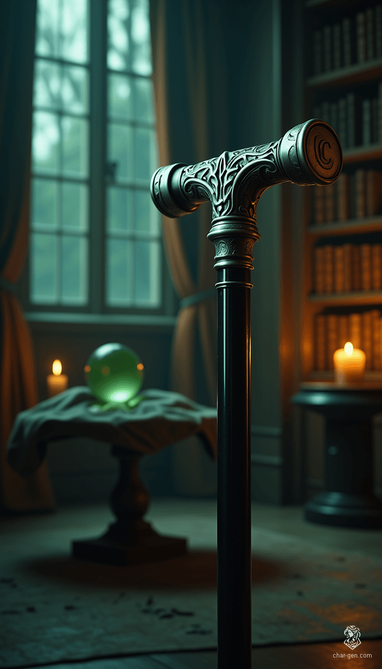 The Cane of Celestial Whispers is a mesmerizing 32-inch staff, expertly hewn from polished ebony. Its ornate silver handle, engraved with a distinctive “C,” channels ethereal energies, allowing the wielder to communicate with spirits and unveil secrets of the beyond. Magic flows through its core, guiding lost souls home.