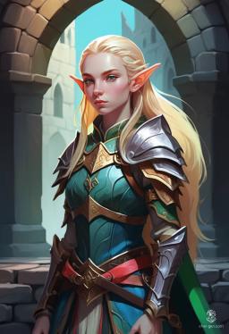 A dignified young elven paladin, her long hair impeccably coiffed, stands poised in vintage pastel armor. With fair, flawless skin and a protective stance, she exudes whimsical nobility—an eccentric guardian framed perfectly in symmetrical, vibrant scenes, straight from a surreal Wes Anderson dreamscape.