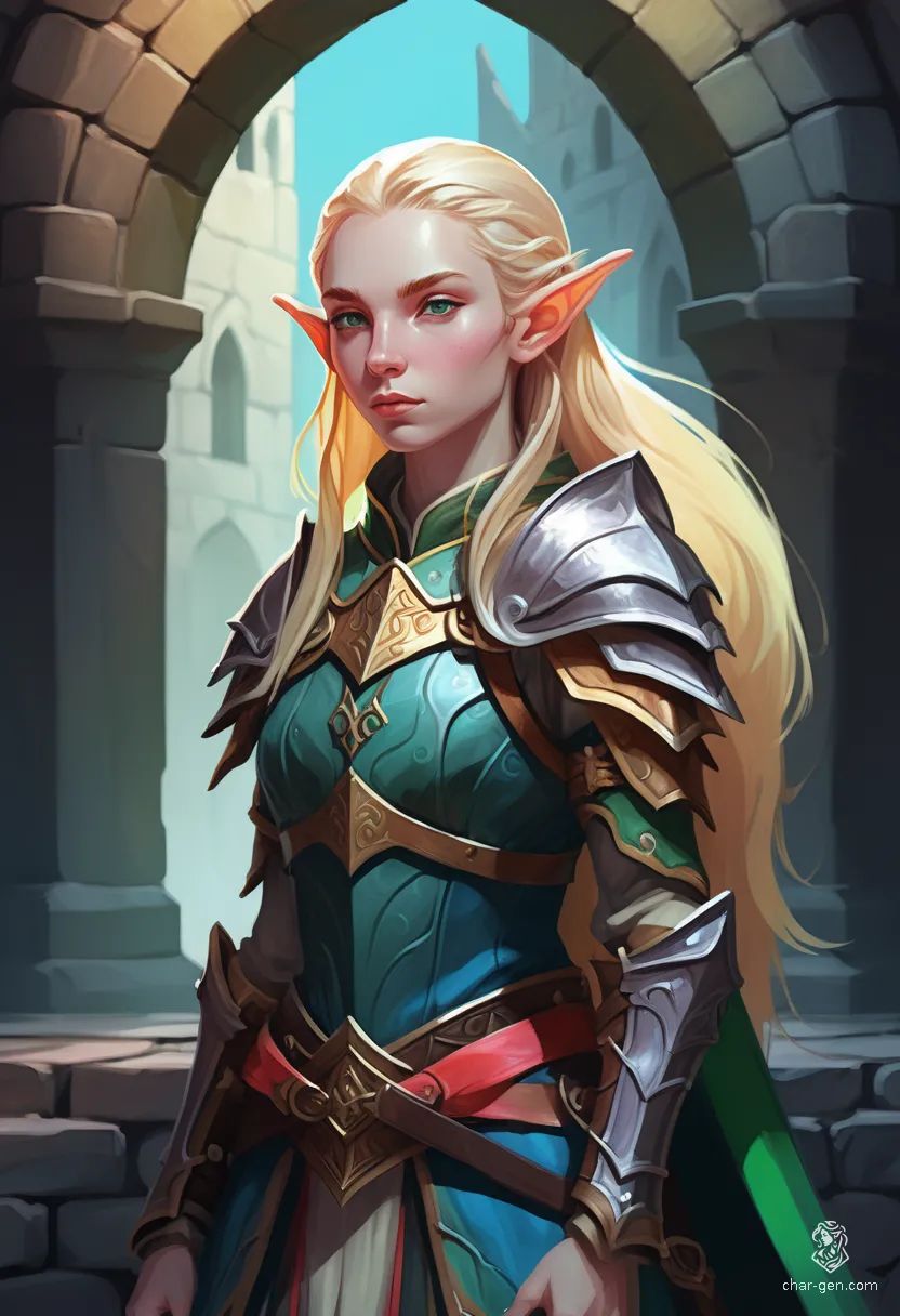 A dignified young elven paladin, her long hair impeccably coiffed, stands poised in vintage pastel armor. With fair, flawless skin and a protective stance, she exudes whimsical nobility—an eccentric guardian framed perfectly in symmetrical, vibrant scenes, straight from a surreal Wes Anderson dreamscape.