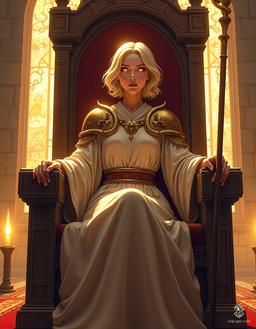 Loralyn, a serene Aasimar monk and baroness, sits regally in her throne room. With radiant golden eyes and softly glowing grey skin, she exudes divine power and wisdom. Dressed in modest robes adorned with celestial symbols, her poised demeanor reflects unwavering resolve amidst flickering candlelight and intricate tapestries.