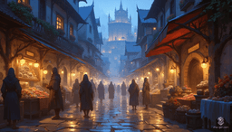 In Westcrown, a light drizzle shrouds narrow cobblestone streets, where townsfolk, cloaked against the rain, navigate the fog. Water cascades from ornate wrought iron balconies, and faded stone facades melt into a mystical mist, creating an enchanting tapestry of forgotten tales and whispered secrets.