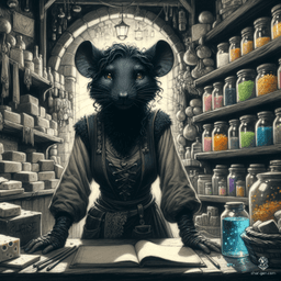 Meet Trixie Whiskerbite, a savvy female ratfolk shopkeeper with curly fur, whiskers, and keen rat ears. Managing a bustling cheese shop, she expertly barters a variety of delectable goods, blending charm and shrewdness in her quirky, bustling marketplace.