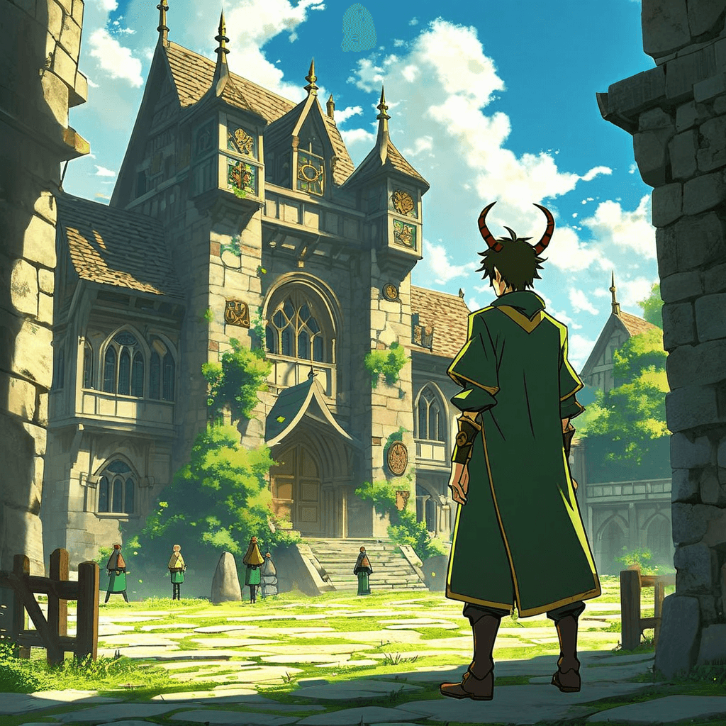 A tall, youthful male tiefling druid with olive skin and wavy hair embodies the harmony of nature. His yellowish, glowing eyes radiate magical energy as he commands earthy elements in a moss-green uniform. Surrounded by animal companions, he deftly conjures spells, celebrated by his peers.