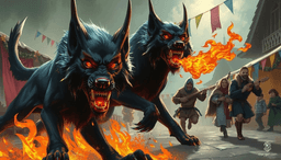 A menacing pair of hellhounds, their smoldering black fur and glowing red eyes striking fear, prowl through the chaos. Villagers flee in terror as these fiery-breathed beasts ravage the town, leaving torn decorations in their wake.