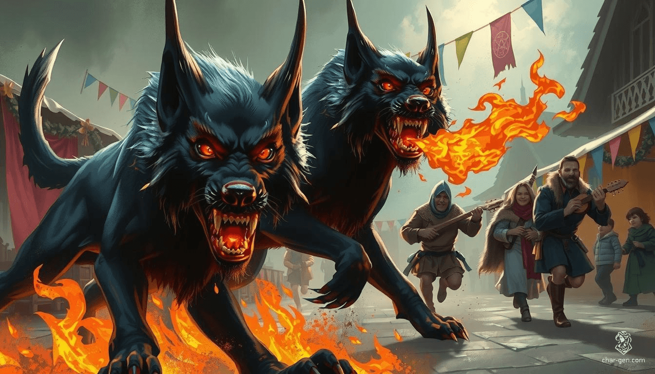 A menacing pair of hellhounds, their smoldering black fur and glowing red eyes striking fear, prowl through the chaos. Villagers flee in terror as these fiery-breathed beasts ravage the town, leaving torn decorations in their wake.