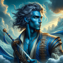 Breezen Aeolus is a charming air genasi bard, 19 years old, with bright sky-blue skin and storm cloud grey hair. He wields a rapier with confidence and captivates audiences with his magical lute. Dressed in intricate leather armor, his nimble grace and expressive gestures enchant all who meet him.