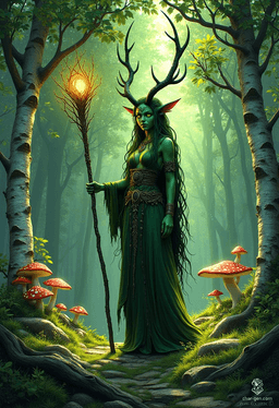 Lilith Valmoira, a wise and resilient tiefling druid with vibrant green skin and striking horns, roams the cursed valley of Barovia. Adorned in intricate hides and wielding a nature staff, she finds solace in her animal companions and a deep connection to the earth, seeking peace in a world marked by turmoil.