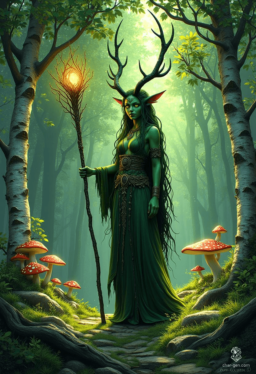 Lilith Valmoira, a wise and resilient tiefling druid with vibrant green skin and striking horns, roams the cursed valley of Barovia. Adorned in intricate hides and wielding a nature staff, she finds solace in her animal companions and a deep connection to the earth, seeking peace in a world marked by turmoil.