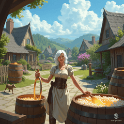 A ethereal female brewer with radiant white hair, she navigates her workshop filled with barrels and bubbling vats. Her fair skin glows against the bustling backdrop, embodying the magic of her craft as enchanting aromas of fermenting brews swirl around her.
