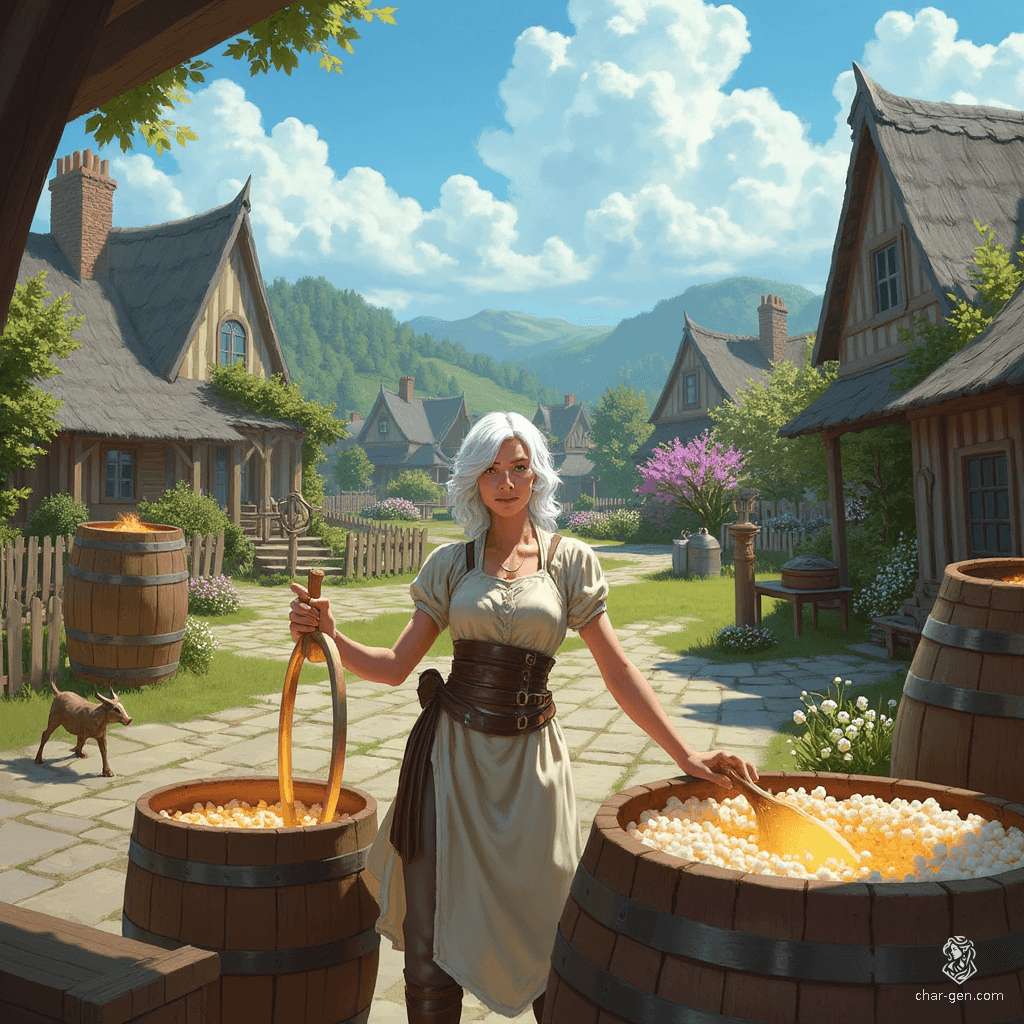 A ethereal female brewer with radiant white hair, she navigates her workshop filled with barrels and bubbling vats. Her fair skin glows against the bustling backdrop, embodying the magic of her craft as enchanting aromas of fermenting brews swirl around her.