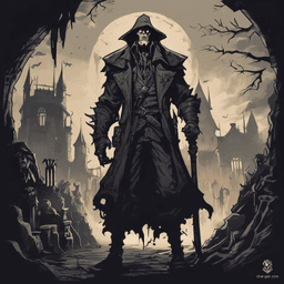 A feral Vampire Spawn with a pale, haunting visage and sharp fangs serves its vampire master. It wears tattered clothing and exudes a sense of sad loneliness, much like Angelina Jolie in a gothic black leather dress, standing against a stormy, moody backdrop with a Tim Burton-esque, watercolor intricacy.