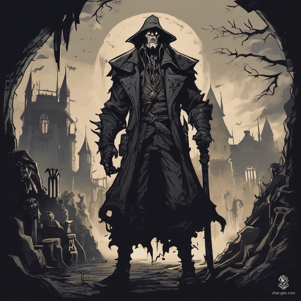 A feral Vampire Spawn with a pale, haunting visage and sharp fangs serves its vampire master. It wears tattered clothing and exudes a sense of sad loneliness, much like Angelina Jolie in a gothic black leather dress, standing against a stormy, moody backdrop with a Tim Burton-esque, watercolor intricacy.