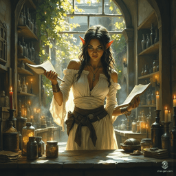 Meet Maryam, a graceful, tan-skinned elf forensic medicine investigator. With flowing tea-colored hair and bright topaz eyes, she balances curiosity and care. Dressed in practical, renaissance-inspired attire, she navigates her cozy alchemical lab, deeply engrossed in witchcraft and science, alongside her ghostly spider familiar.