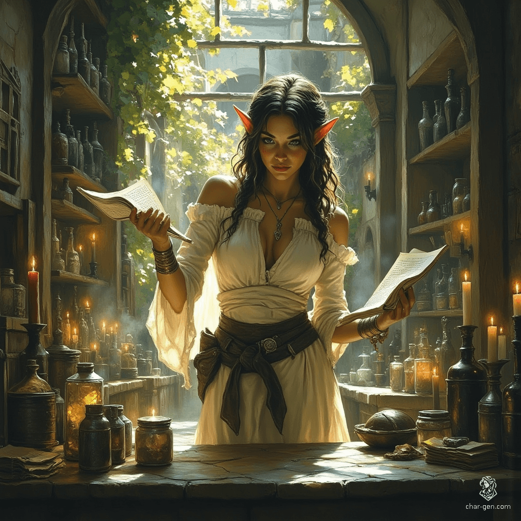 Meet Maryam, a graceful, tan-skinned elf forensic medicine investigator. With flowing tea-colored hair and bright topaz eyes, she balances curiosity and care. Dressed in practical, renaissance-inspired attire, she navigates her cozy alchemical lab, deeply engrossed in witchcraft and science, alongside her ghostly spider familiar.