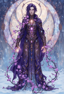 In a stunning art nouveau panorama, a slender male figure stands in an icy field, draped in an elaborate dark blue robe. His glowing violet eyes and dark purple hair dance in the wind, as he conjures magic from his hands, embodying the harmony of nature and mystique.