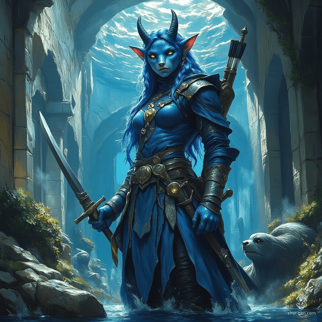 Ehmmalee, a fierce and gorgeous muscular triton ranger, roams the seas in gleaming copper chainmail armor. Her long blue hair flows past her shoulders, complementing her scaly fish lower half. Equipped with a rapier and a crossbow, she stays agile with her trusted sea lion by her side.