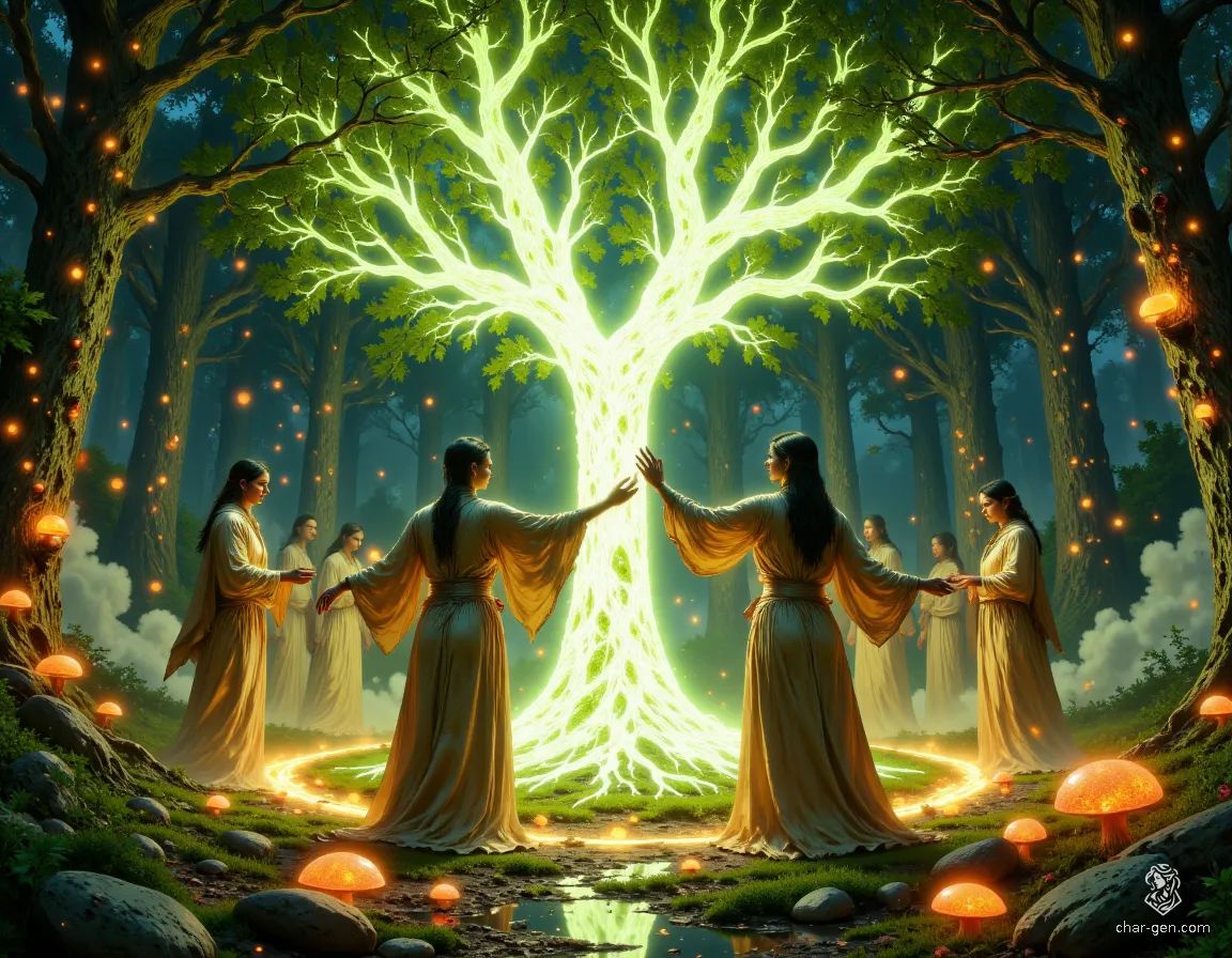 In a mystical grove of birch trees, their luminous white bark glows softly in the twilight. An enchanted clearing cradles a magnificent Tree of Life, its sprawling branches adorned with vibrant foliage, while bioluminescent mushrooms form a delicate fairy ring, casting an ethereal light on the druidic gathering.