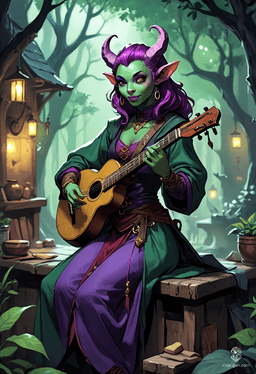 Lyrica Chantenuit is a charming 25-year-old tiefling bard with striking purple skin and deep plum hair. With a nimble frame and enchanting green eyes, she captivates audiences as she skillfully strums her lute, her devilish horns and long tail adding to her allure and mystique.
