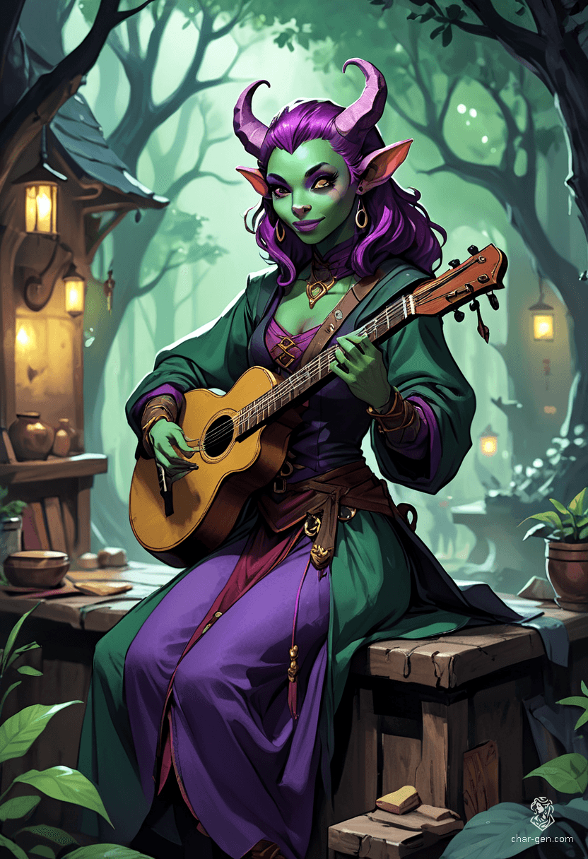 Lyrica Chantenuit is a charming 25-year-old tiefling bard with striking purple skin and deep plum hair. With a nimble frame and enchanting green eyes, she captivates audiences as she skillfully strums her lute, her devilish horns and long tail adding to her allure and mystique.