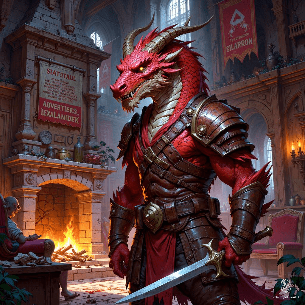 Fellgar is a 17-year-old male dragonborn rogue, standing 5'8" with a medium build and sharp, blood-red scales. His golden eyes gleam with mischief as he grips a dagger, poised in intricately detailed leather armor. Nimble yet foolish, he thrives in shadows, embodying the essence of a cunning criminal.