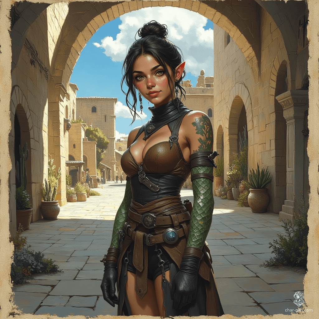 Izzy, a young and perky halfling assassin, expertly wields her crossbow and hides daggers beneath her dark leather tunic. With snake-like yellow-green eyes and green snake-scale tattoos, she embodies both beauty and danger, lurking in the shadows, ever vigilant for her next target.