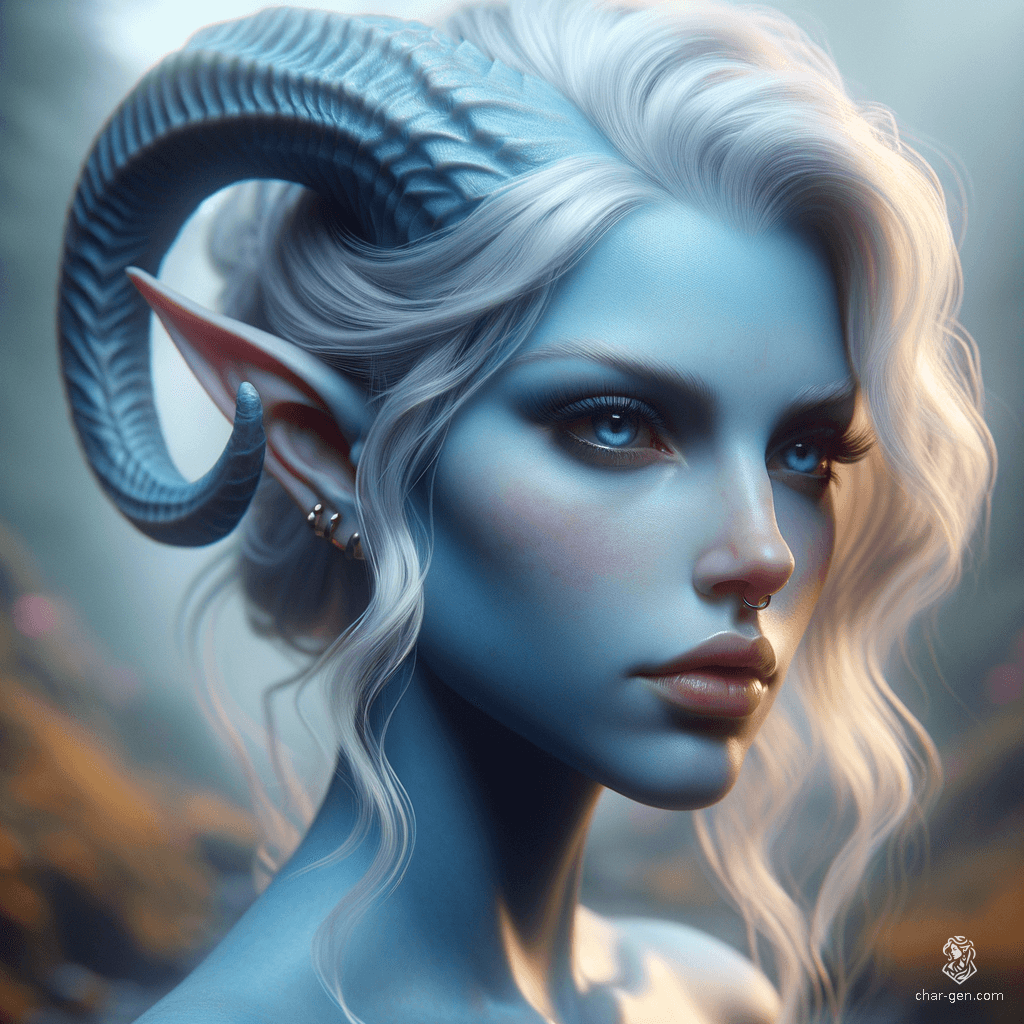 A striking Tiefling female, she boasts light blue skin and short white hair, artfully shaved on one side. Her prominent horns curve gracefully, framing her angular face. Captured in photorealistic 4K detail, she embodies a captivating blend of elegance and strength in a vibrant fantasy realm.