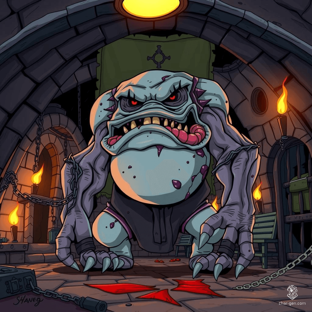The Blotchy-Skinned Zombie is a grotesque undead construct, a horrific fusion of multiple corpses and dark magic. It lumbers slowly with swollen, mismatched body parts and blotchy decaying flesh, emitting a putrid scent of death and decay.