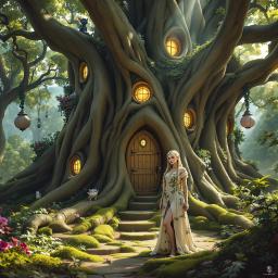 A graceful young elf sorceress stands before a whimsical treehouse