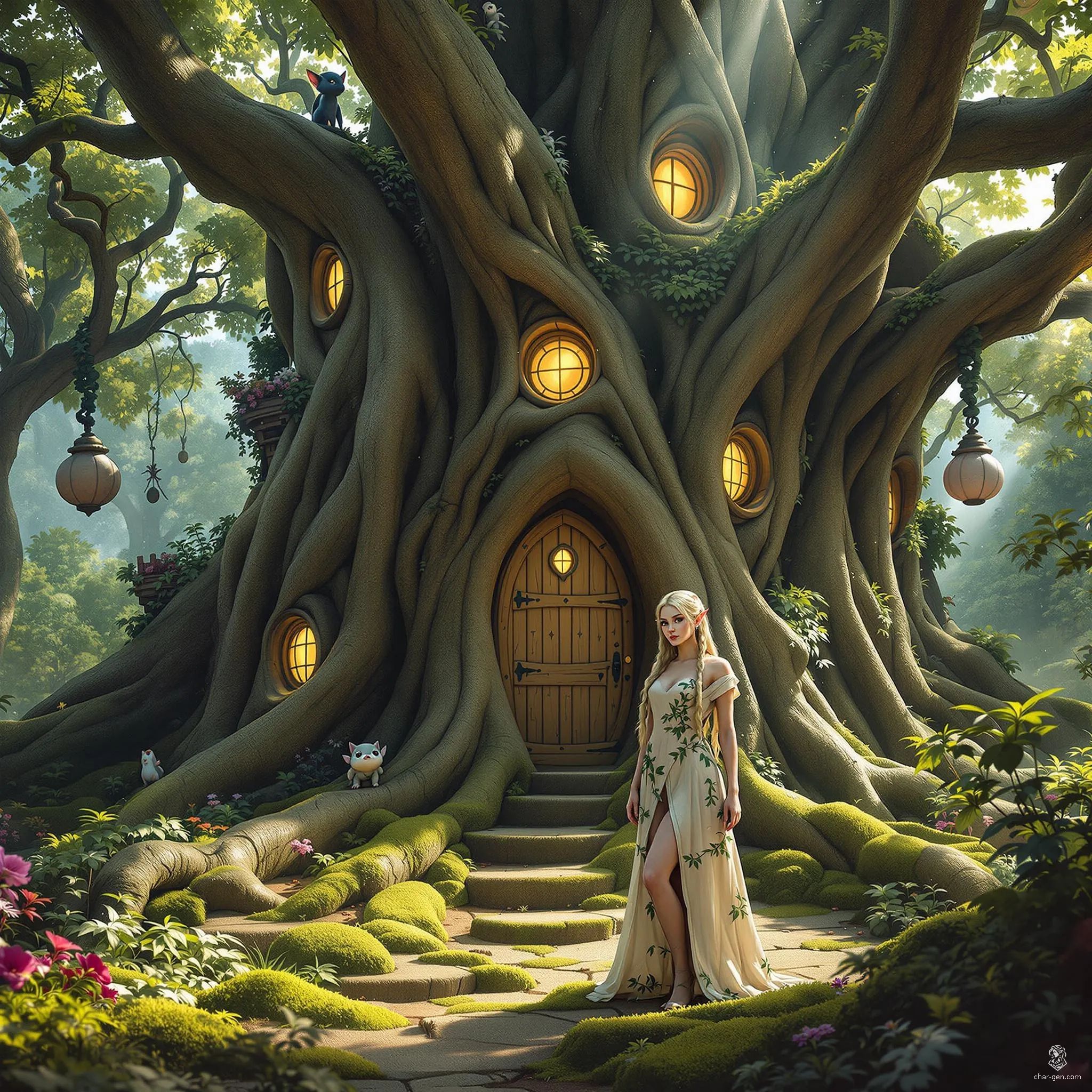 A graceful young elf sorceress stands before a whimsical treehouse