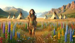 A young Native American girl stands in sorrow amidst smoldering teepees on the endless grasslands. With straight, dark brown hair cascading around her, her distinct tan skin reflects the recent devastation, embodying strength and resilience in her tearful yet determined expression as she begins her journey to find those responsible for the deaths of her family and friends.