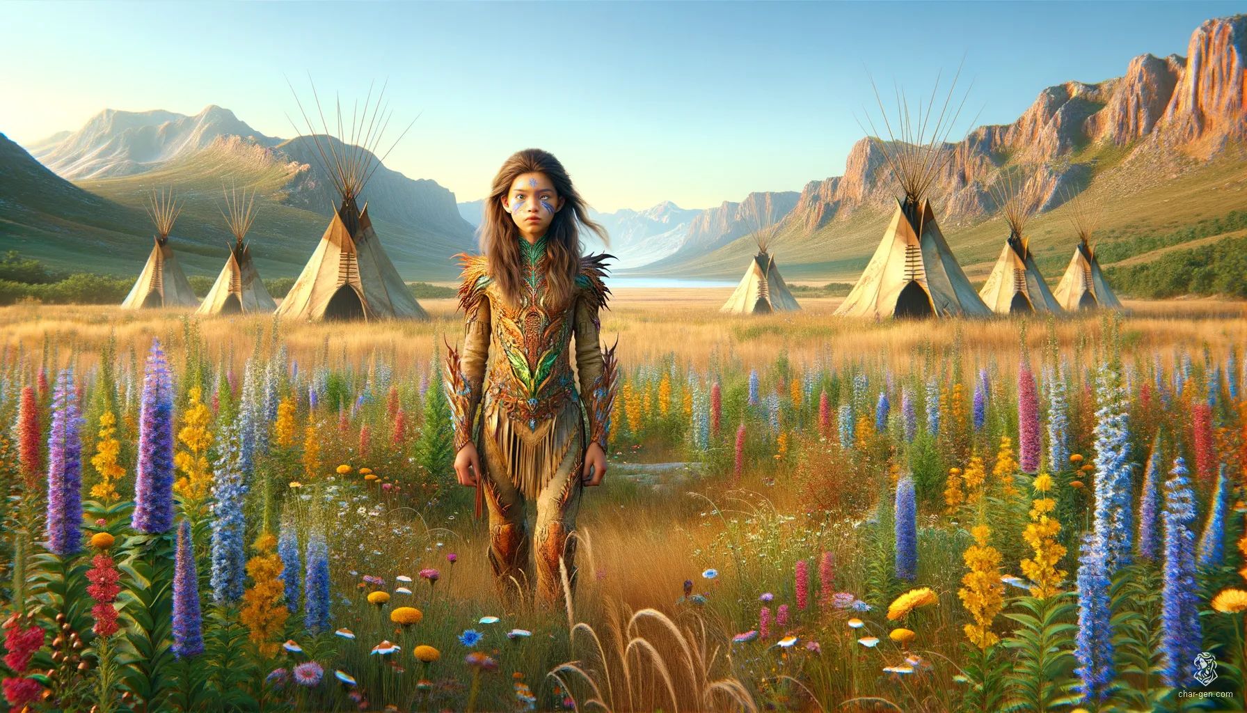 A young Native American girl stands in sorrow amidst smoldering teepees on the endless grasslands. With straight, dark brown hair cascading around her, her distinct tan skin reflects the recent devastation, embodying strength and resilience in her tearful yet determined expression as she begins her journey to find those responsible for the deaths of her family and friends.