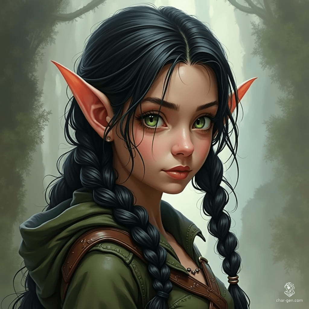Meet Lira Quickfoot, a cunning halfling rogue with a single, long braid of jet-black hair cascading down her back. Her striking green eyes gleam with mischief and intelligence, reflecting her knack for stealth and agility as she navigates the shadows in search of adventure.