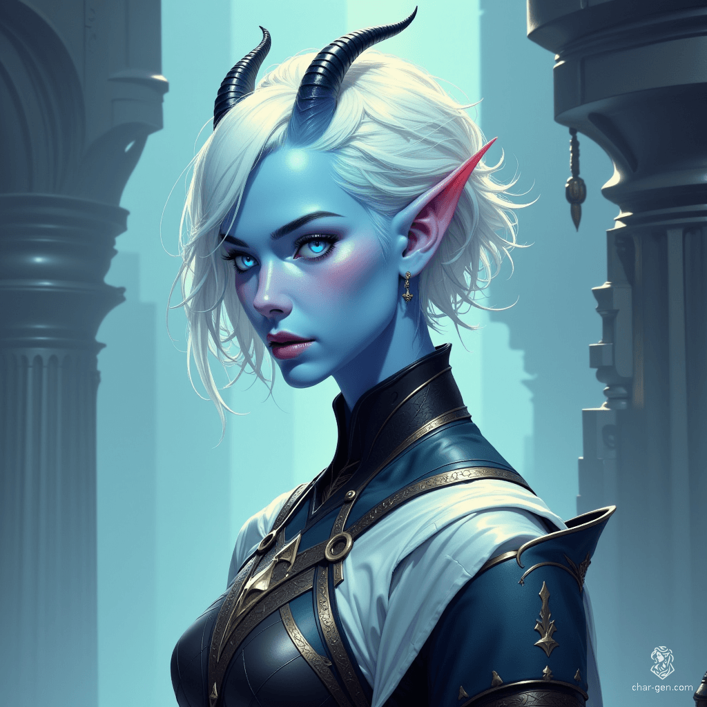 A striking female Tiefling with light blue skin and short, white hair, artfully shaved on one side. Her prominent horns curl gracefully, accentuating her demonic charm. This hyperrealistic character embodies a unique blend of beauty and mystique, captured in stunning 4K detail.