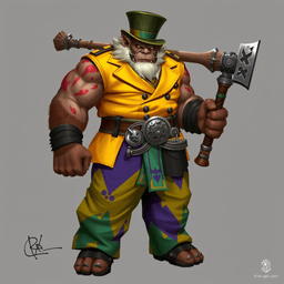 Krom is a hulking Bugbear barbarian, wielding a trusty Maul. His fur, a mix of reddish-brown splotches, is marred by battle scars. Oddly stylish, he dons a fancy top hat, a loud yellow suit jacket, and vibrant purple and green baggy pants. His belt showcases trophies of his slain foes.