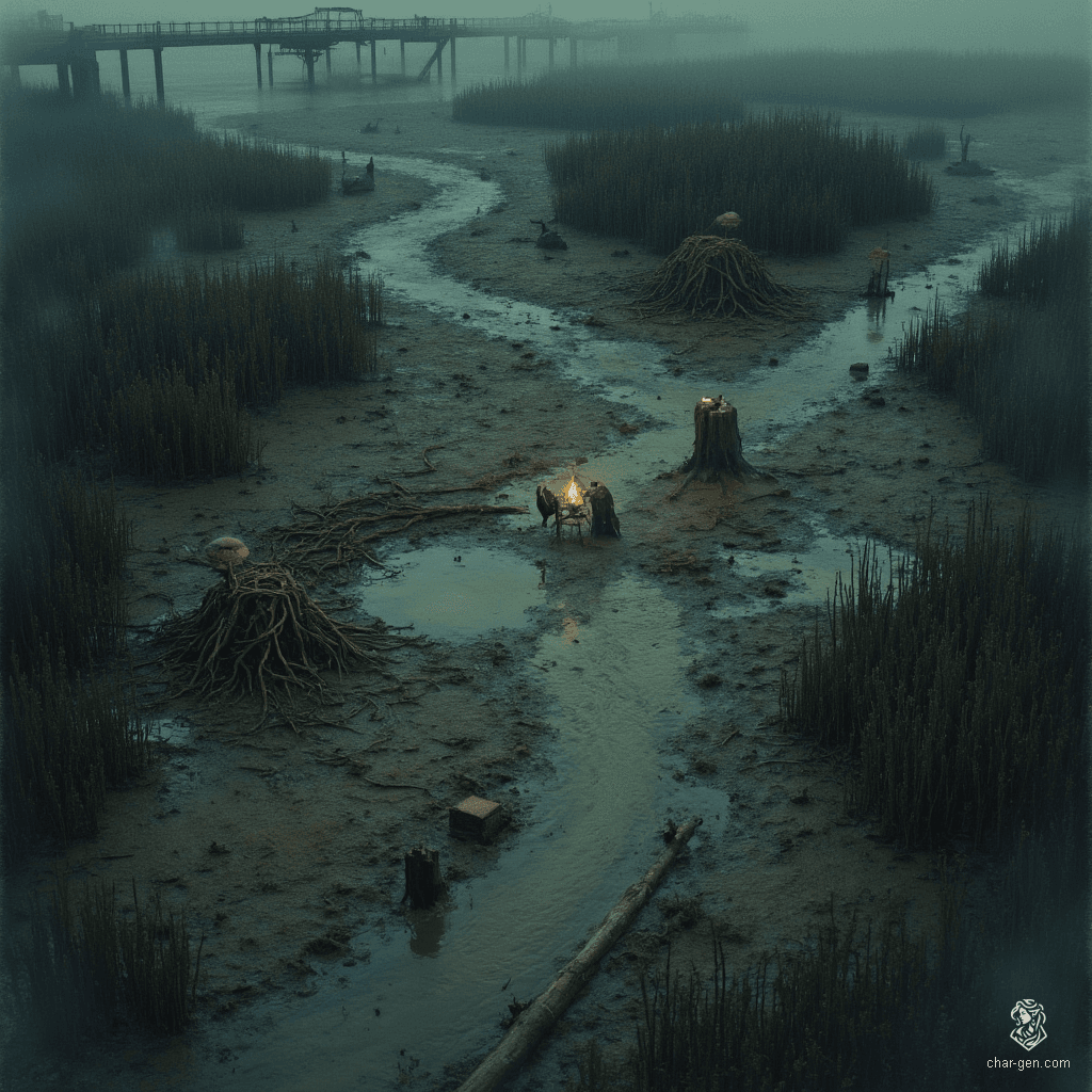 Welcome to the Marsh of Echoes, where sticky mud clings to your boots and ghostly fog blankets the air. Navigate through twisted mangroves and glimmering purple mushrooms as you tread the winding paths. Beware of hidden traps lurking amongst the rotting logs and the unsettling whispers of the dead. Unearth secrets buried beneath the remnants of a ruined highway bridge, where lost souls might offer guidance—or mislead the unwary.