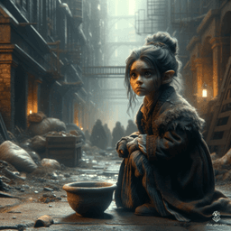 A noble dwarf fallen from grace, she roams the streets in tattered rags, clutching a dirty bowl. Her once-grand attire is now a ghost of luxury, and her hair, pulled into a tight bun, frames a weary face burdened by hardship—all while cradling a swaddled baby.