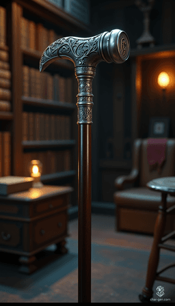 The Roditem is a masterfully crafted walking cane of polished ebony, standing 32 inches tall. Topped with a lustrous silver finial resembling a hammer, it exudes power. Engraved with a stylized capital "C," wielding this rod amplifies magical abilities, making the user a formidable presence in any realm.