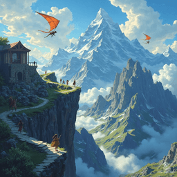 Perched amidst the Summit Peaks, Zephrah is a breathtaking aerie shrouded in wispy clouds, where jagged cliffs rise dramatically towards a boundless sky. Ethereal winds dance around vibrant flora, while colossal stone formations cradle ancient silvery gates, whispering secrets of the Elemental Plane of Air.