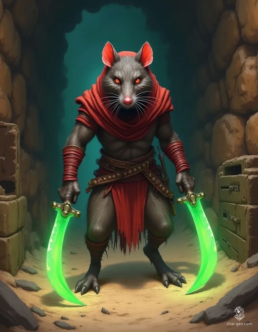 The formidable ratfolk warrior stands confidently, clad in a reddish-brown hooded garment with dark red wrappings. His brownish-gray fur glimmers under the dim light, while glowing red eyes pierce the shadows. Armed with two vibrant, curved green blades, he exudes a menacing aura, ready to strike.