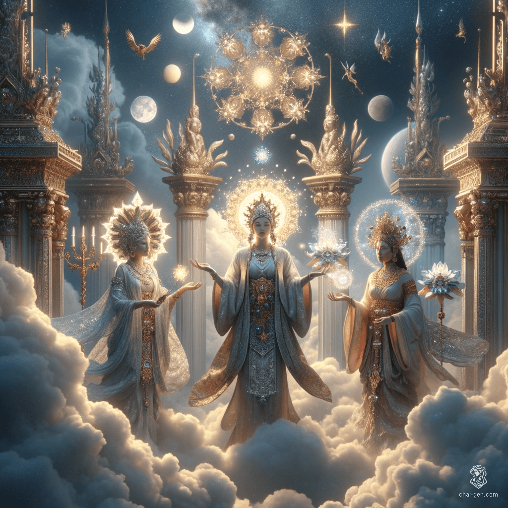 Under the vibrant, jewel-toned sky of Celestia, where the divine gather, Mystra, Selune, and Mielikki converse joyfully within an ethereal arbour. Silver clouds encircle them, casting iridescent hues that dance across the landscape, illuminated with unseen celestial light.