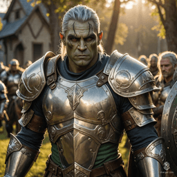 A formidable, dignified 18-year-old male half-orc Paladin, merging human traits with orcish heritage, featuring blue eyes, dark green skin, and grey hair. At 200cm and 110kg, his moderate build is encased in full silver armor, wielding a large shield and warhammer, exuding a protective aura.